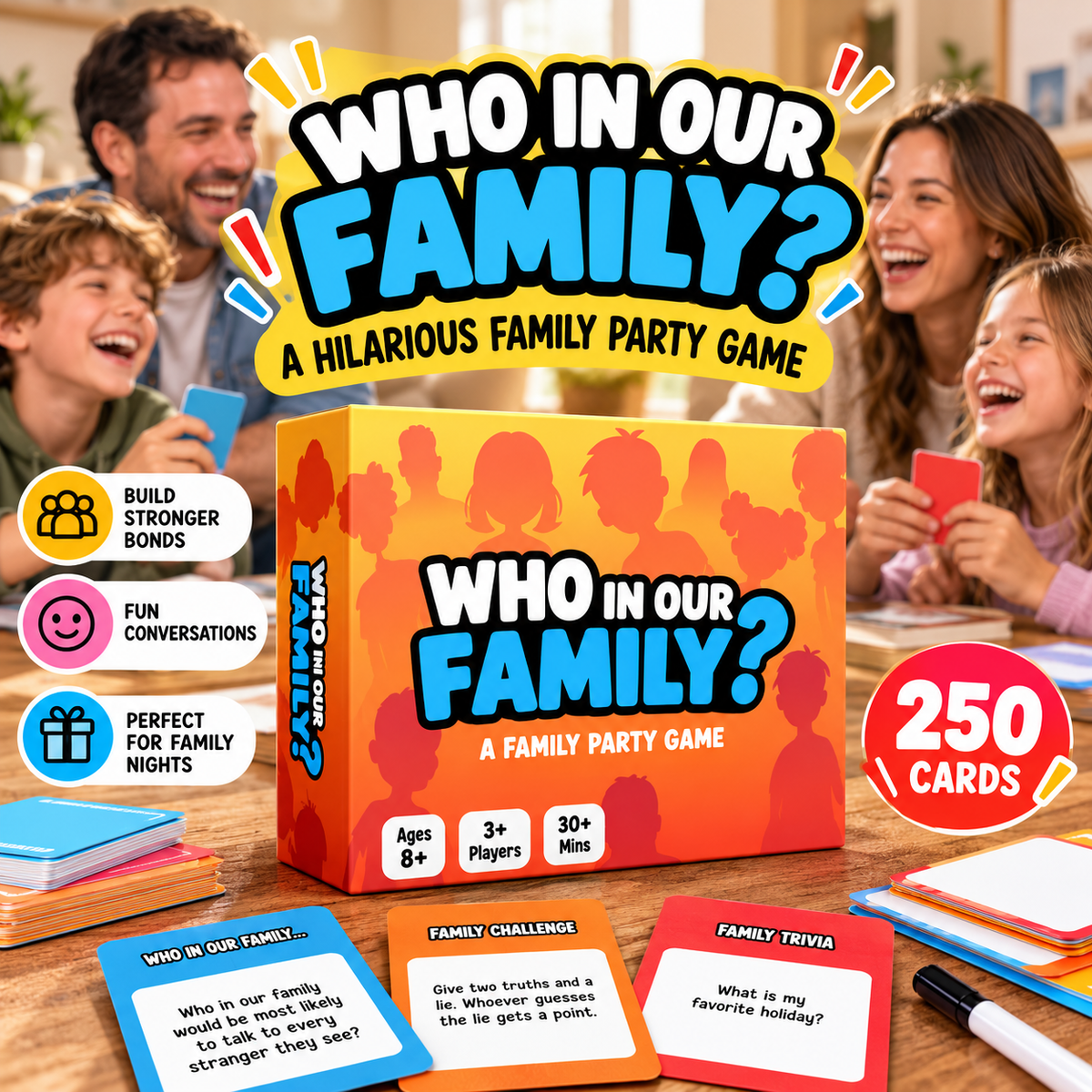Who in Our Family party game with cards and whiteboards