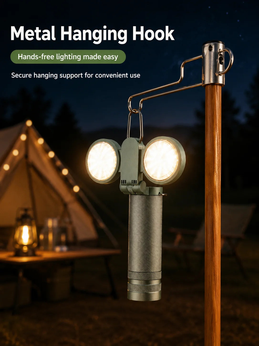 Rechargeable Torch and Camping Lantern – hanging in tent