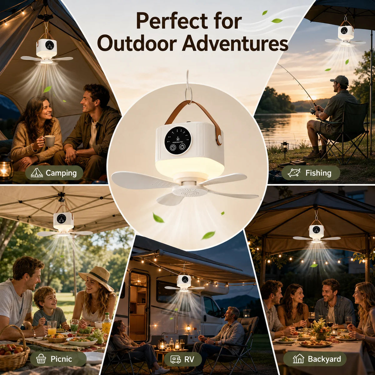 Rechargeable Hanging Fan with Light – outdoor use examples