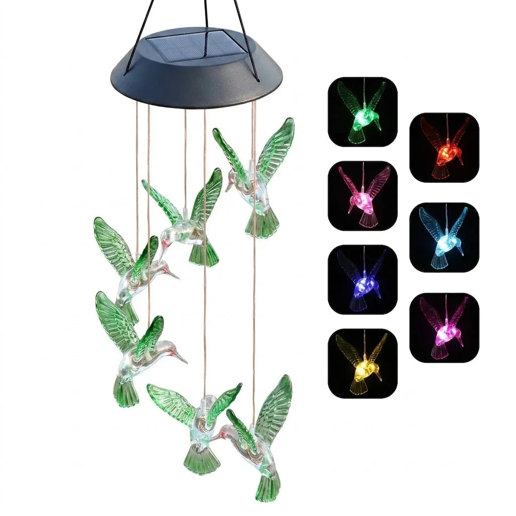 Solar hummingbird wind chime with garden lights