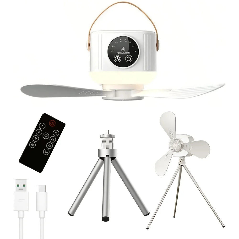 Rechargeable Hanging Fan with Light – white fan and accessories