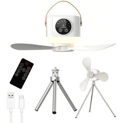 Rechargeable Hanging Fan with Light – white fan and accessories