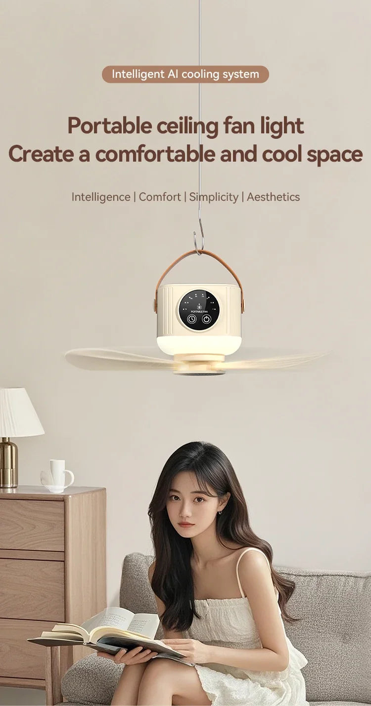 Rechargeable Hanging Fan with Light – portable desk use