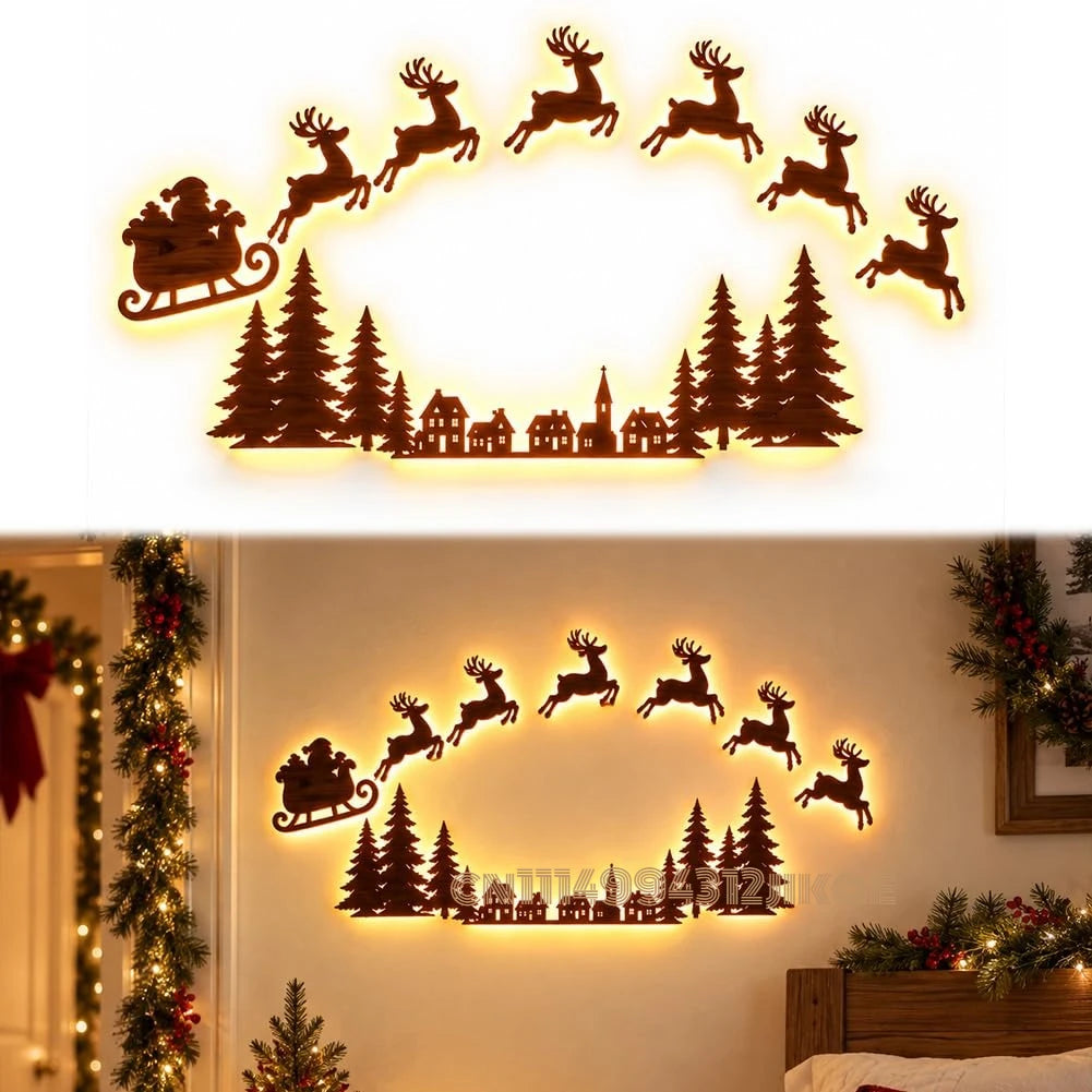 Light-up Santa sleigh and reindeer wall decoration