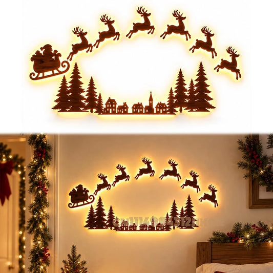 Light-up Santa sleigh and reindeer wall decoration