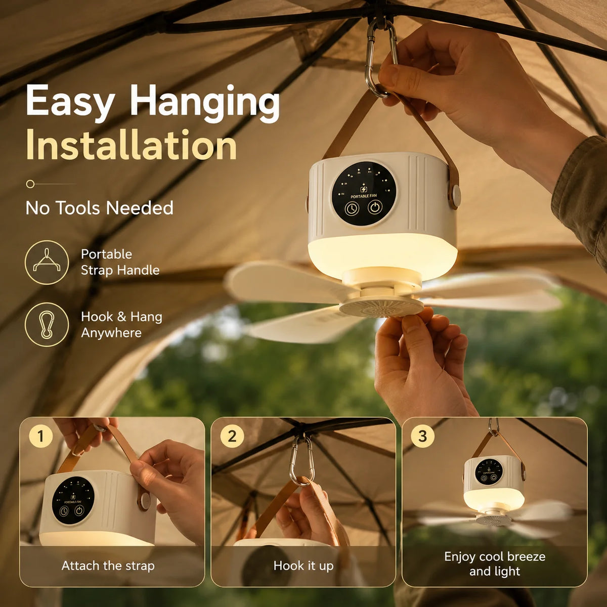 Rechargeable Hanging Fan with Light – hanging installation examples