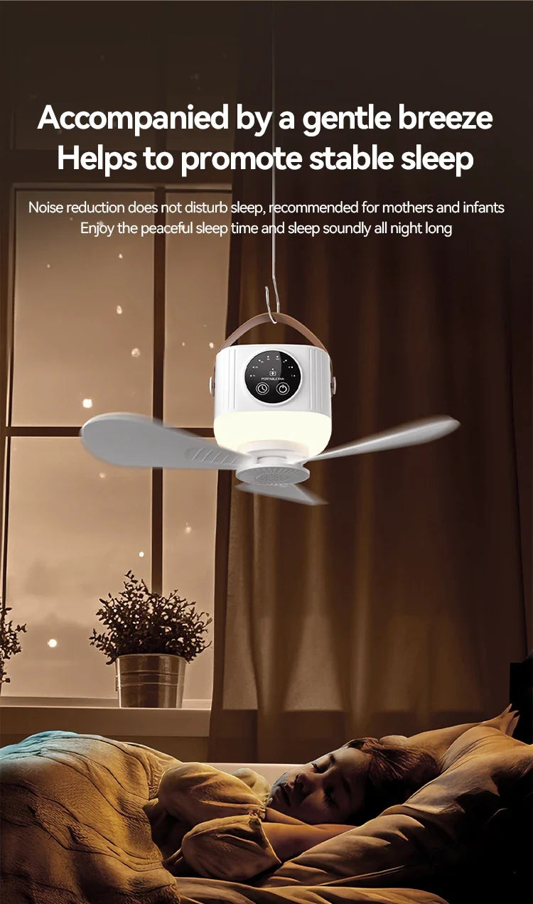 Rechargeable Hanging Fan with Light – bedroom placement