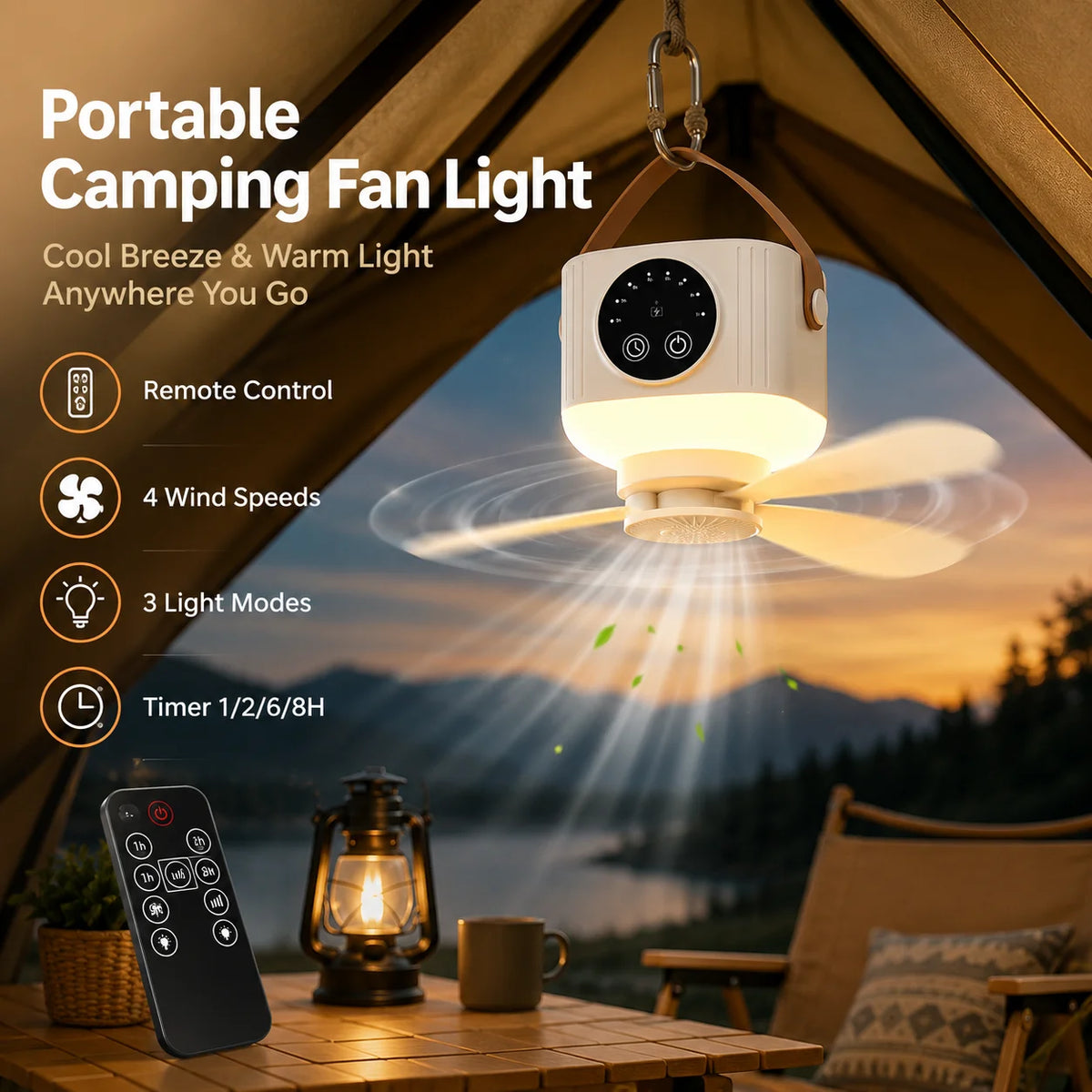 Rechargeable Hanging Fan with Light – fan and light in tent