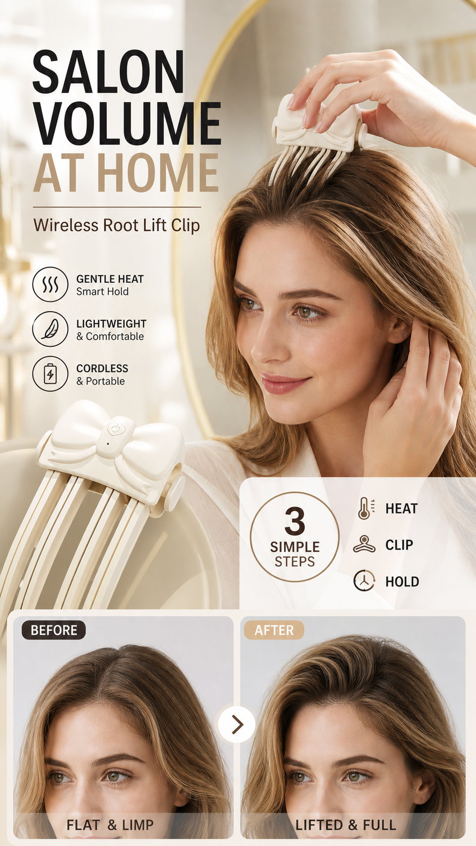 Wireless Heated Root Lift Clip for Volumising Fine Hair